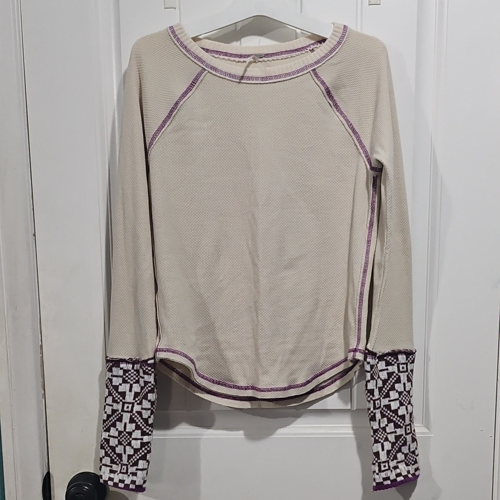 Free People Cream and Purple Long Sleeve Tee